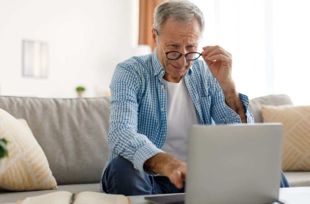 An older adult struggles to read the text on their laptop due to macular degeneration.