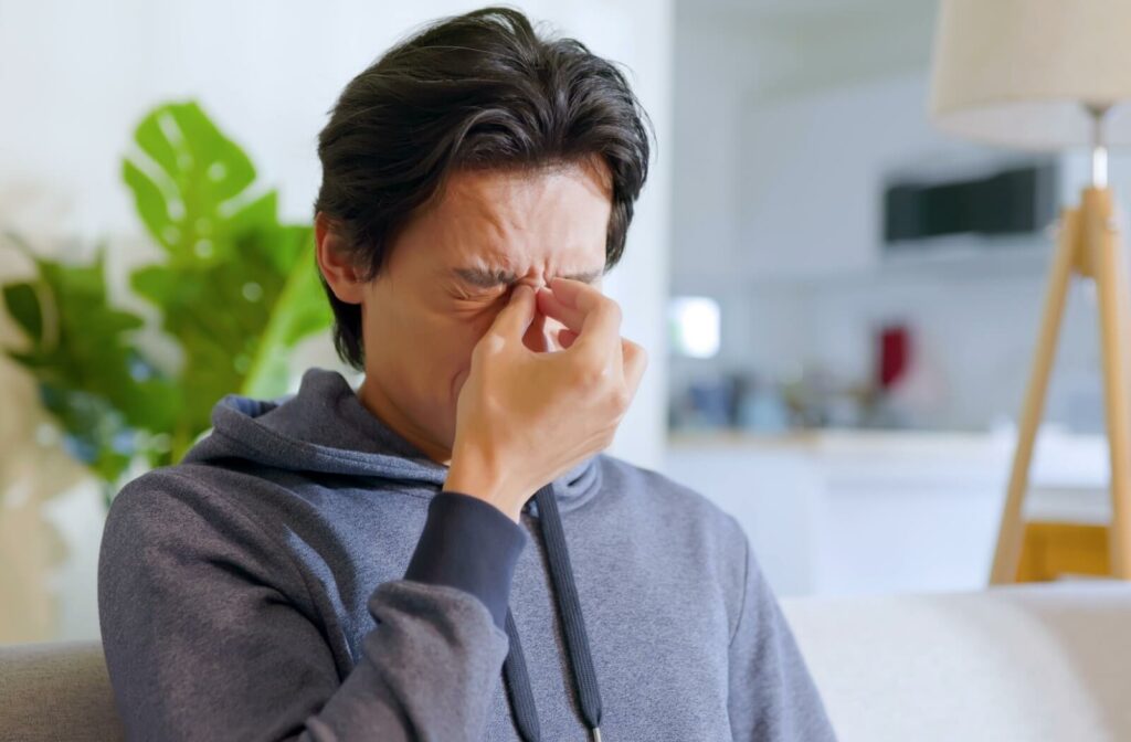 A person sitting indoors with eyes closed, pinching the bridge of their nose as if experiencing eye discomfort or strain
