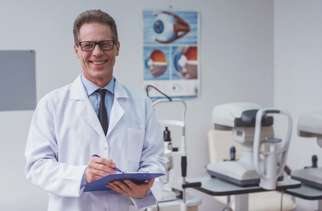 An eye care professional wearing a lab coat and glasses smiling while holding a clipboard in a clinic with eye exam equipment in the background.