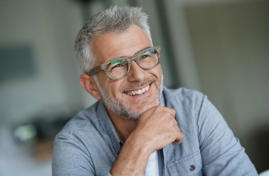 A person with short gray hair smiles while wearing clear-framed eyeglasses