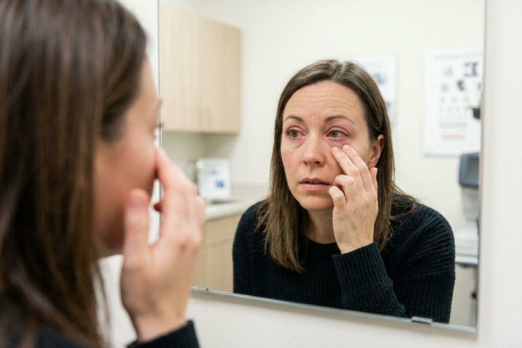 A concerned adult in an exam room looks in a mirror, pulling down the skin under one of their visibly red eyes.