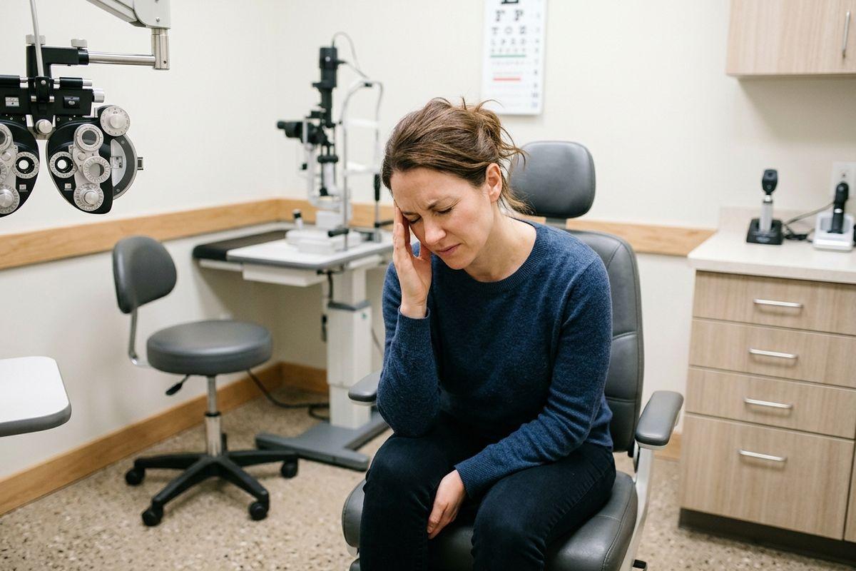 An adult sits in an optometrist exam chair, holding a hand to their temple with eyes closed and a distressed expression.