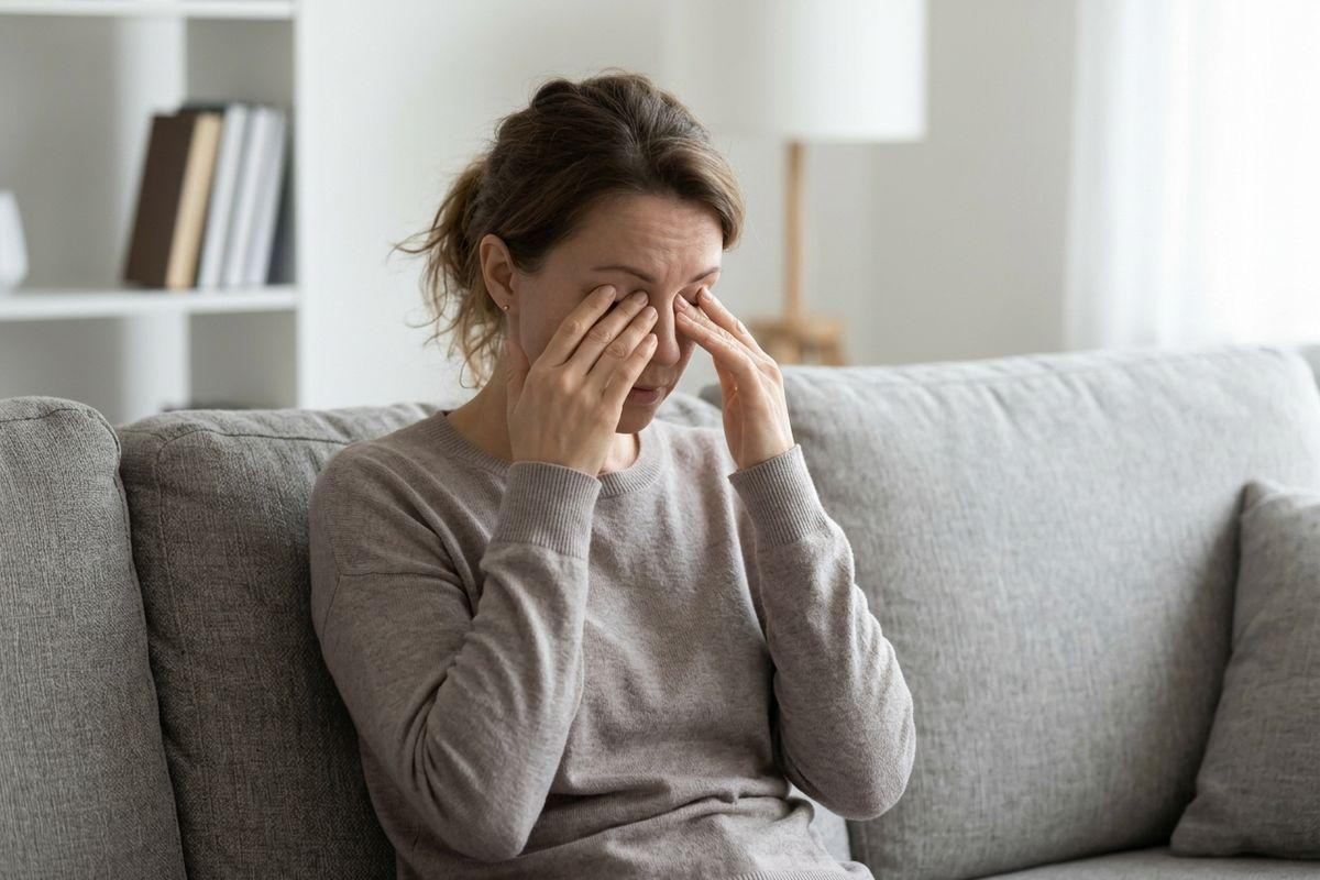 An adult sitting on a grey sofa, rubbing their closed eyes with both hands.