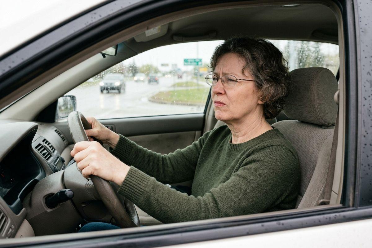 An adult wearing glasses and a green sweater drives a car in the rain, gripping the steering wheel with a focused expression.