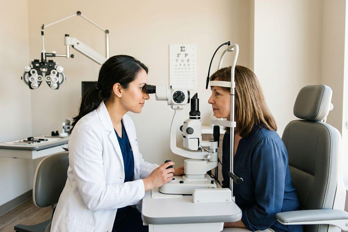 An optometrist examines a patient's eyes using a slit lamp in an exam room with an eye chart on the wall.