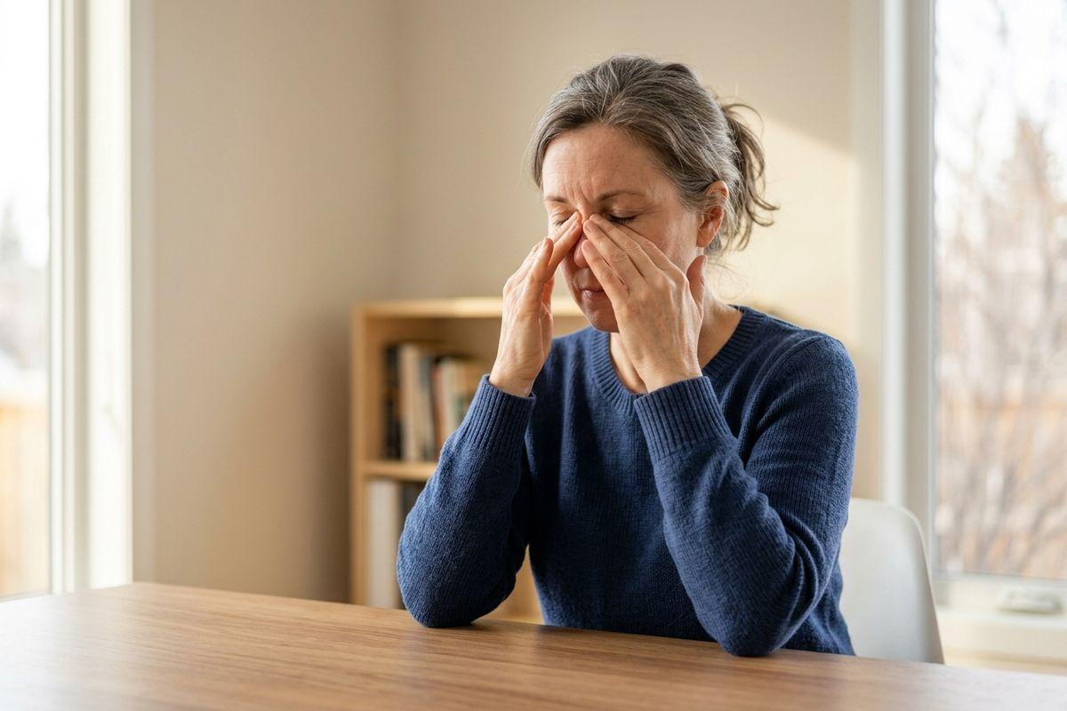 Person in blue sweater sitting at a table, eyes closed, pressing fingers to the bridge of their nose.