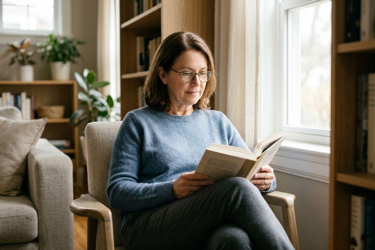 Adult in glasses and blue sweater reading a book in an armchair by a window, with bookshelves and plants nearby.