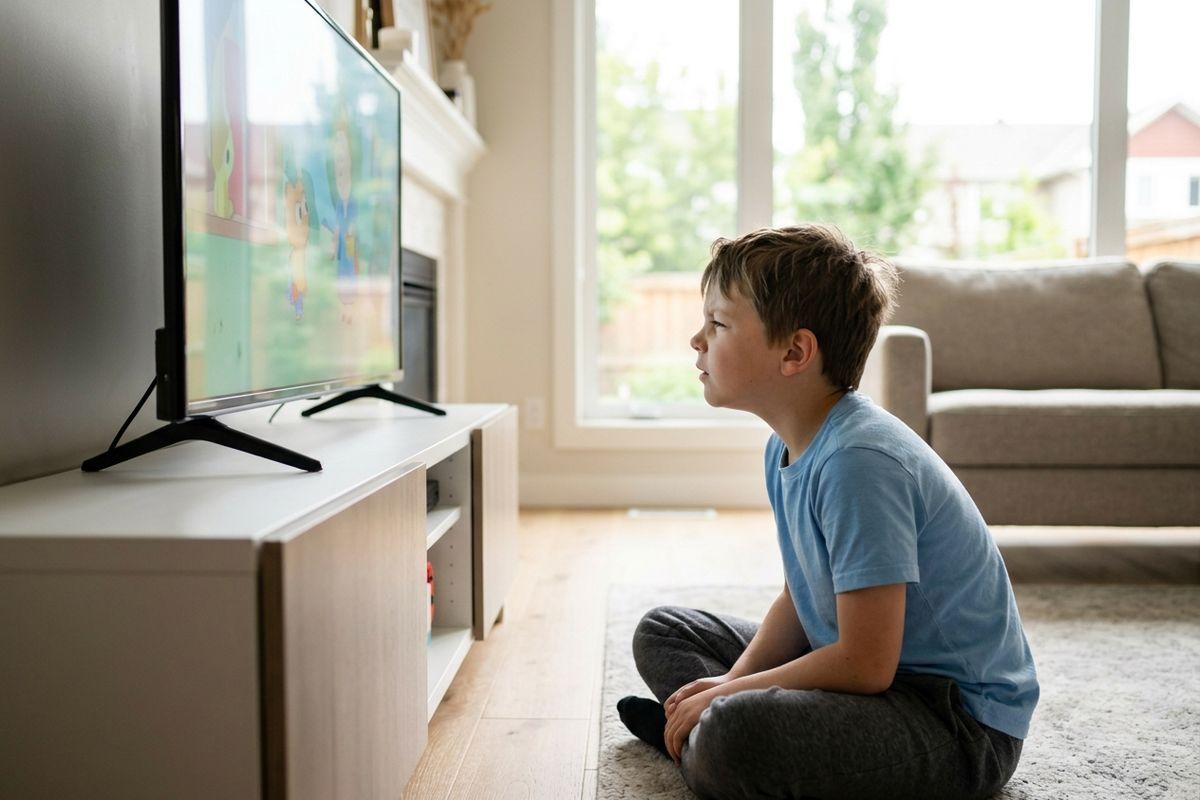 Child sitting cross-legged on the floor, watching a cartoon on a television in a living room.