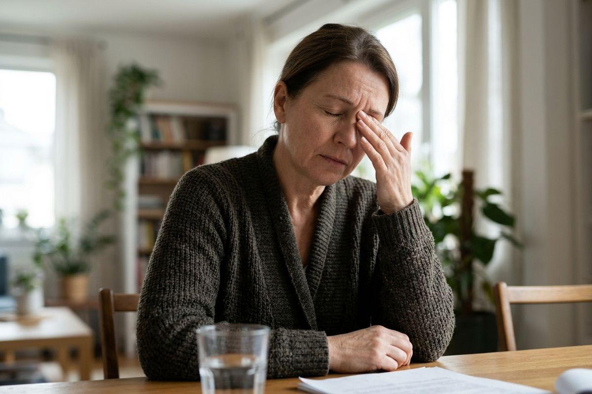 An adult with eyes closed rubbing the bridge of their nose while seated at a wooden table at home, with a glass of water and papers in front of them